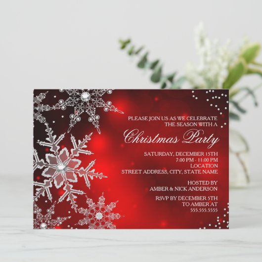 Invitation Soirée de Noël Red Crystal Snowflake (Debout devant)