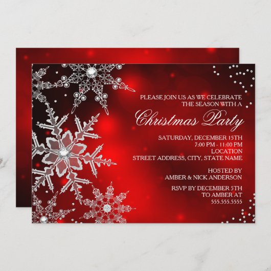 Invitation Soirée de Noël Red Crystal Snowflake (Devant / Derrière)