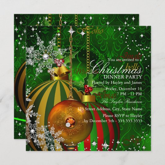 Invitation Soirée de Noël Red Green Snowflon (Devant / Derrière)