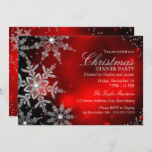 Invitation Soirée de Noël Red Sparkel Snowflake (Devant / Derrière)
