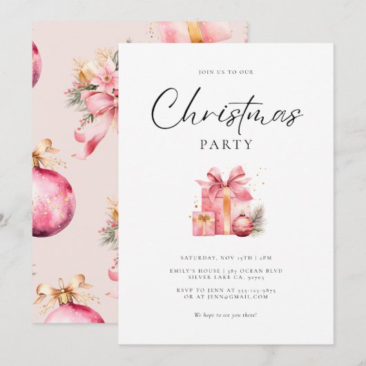 Invitation Soirée de Noël rose (Devant / Derrière)