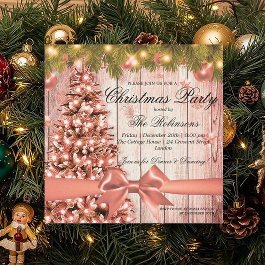Invitation Soirée de Noël rose Gold | Arbre et ruban de Noël