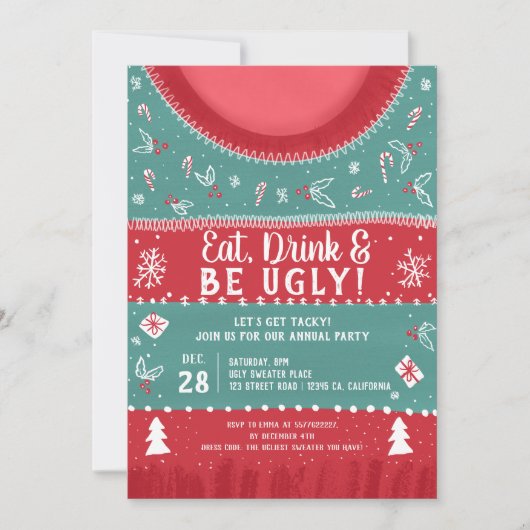 Invitation Soirée de noël rouge et vert kitsch (Devant)