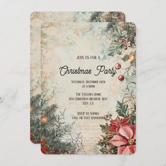 Invitation Soirée de Noël rustique (Devant / Derrière)