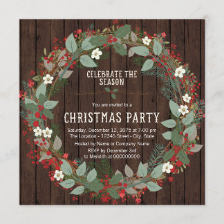 Invitation Soirée de Noël Rustique Holly Wreath
