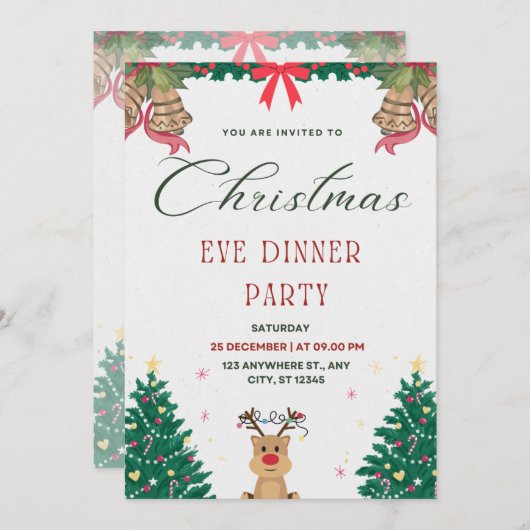 Invitation Soirée de Noël simple, verte et rouge (Devant / Derrière)
