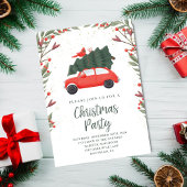 Invitation Soirée de Noël Snowy Pine Tree & Red Car