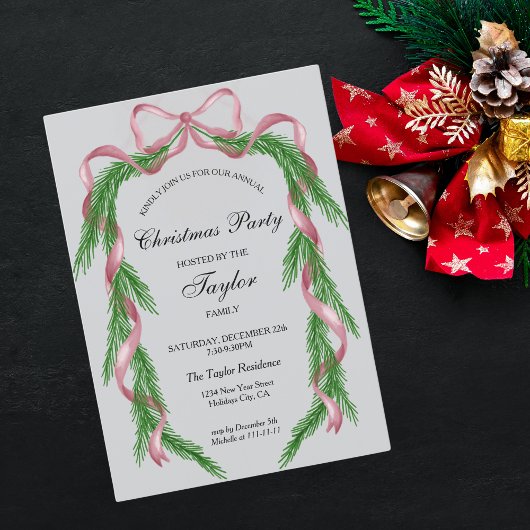 Invitation Soirée de Noël vintage rose Ruban