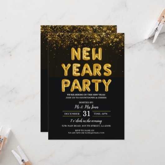 Invitation Soirée de Nouvel An Noir et Or (Devant/Arrière en situation)