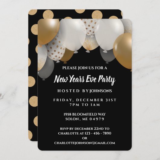 Invitation Soirée de Nouvel An Noir & Or (Devant / Derrière)