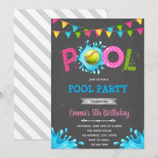 Invitation Soirée de piscine de softball (Devant / Derrière)