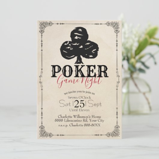 Invitation Soirée de poker de style vintage Trèfles (Debout devant)