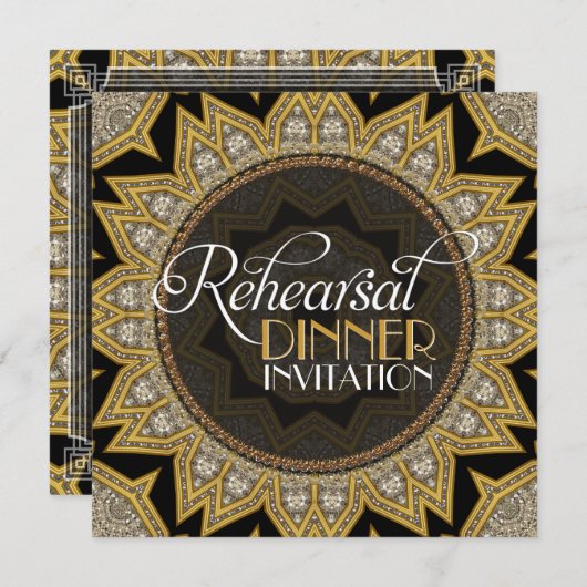 Invitation Soirée de répétition Art déco en or noir élégant (Devant / Derrière)