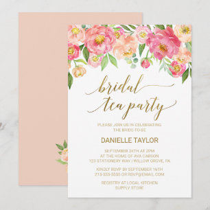 Invitation Soirée de thé de mariée à la pêche et aux fleurs d