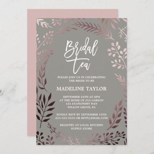 Invitation Soirée de thé Rose Gold et Grey (Devant / Derrière)