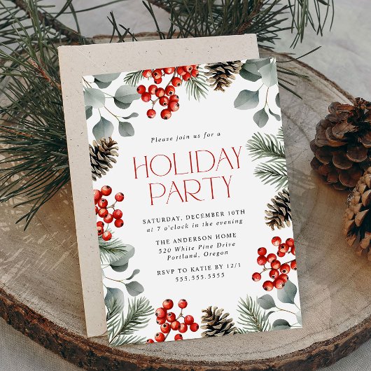 Invitation Soirée de vacances Elegant Holly Berries et Pine C