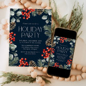 Invitation Soirée de vacances Elegant Holly Berries et Pine C