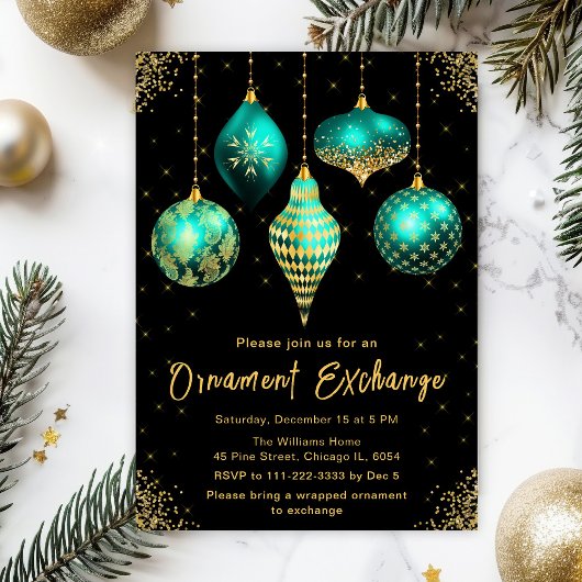 Invitation Soirée d'échange d'ornements sarcelle et or
