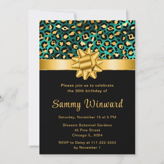 Invitation Soirée d'Empreinte de léopard vert et or (Dos)