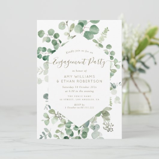 Invitation soirée d'engagement à l'eucalyptus en script éléga (Debout devant)
