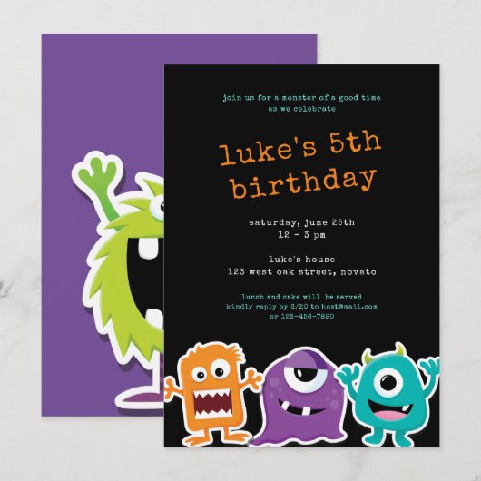 Invitation Soirée des Anniversaires de enfants du Monster Mas (Devant / Derrière)