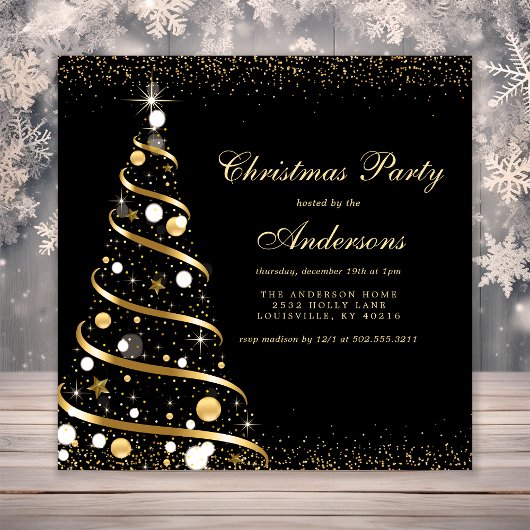 Invitation Soirée des arbres de Noël Elégante Black Sparkle