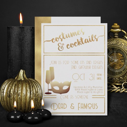 Invitation Soirée d'Halloween Adulte Elégante Or Blanc Modern