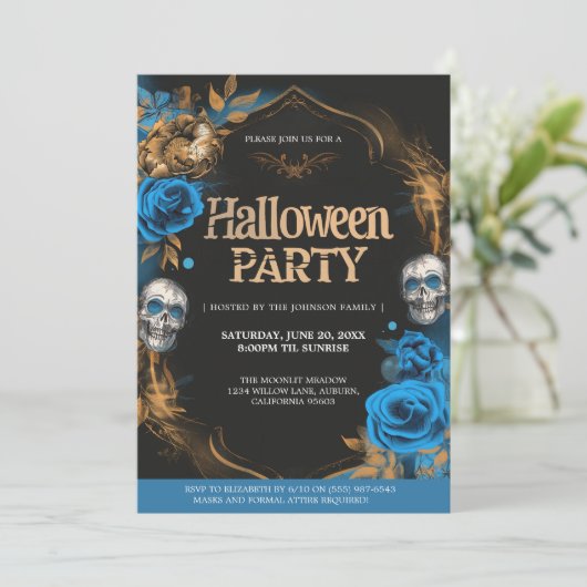 Invitation Soirée d'Halloween Bleu & Or (Debout devant)