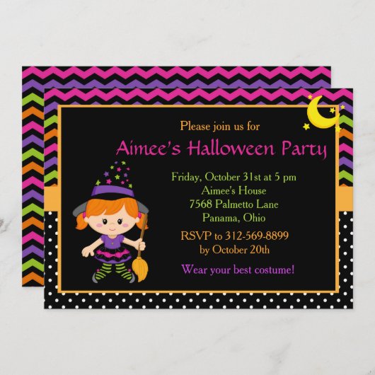 Invitation Soirée d'Halloween de fille sorcière mignonne (Devant / Derrière)