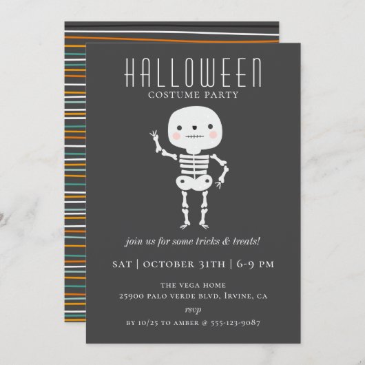 Invitation Soirée d'Halloween de Squelette mignon (Devant / Derrière)