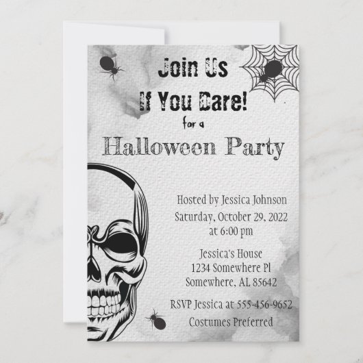Invitation Soirée d'Halloween du crâne et des araignées (Devant)