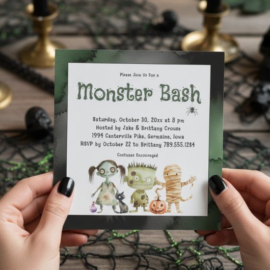 Invitation Soirée d'Halloween Éffrayante à trois monstres Bas