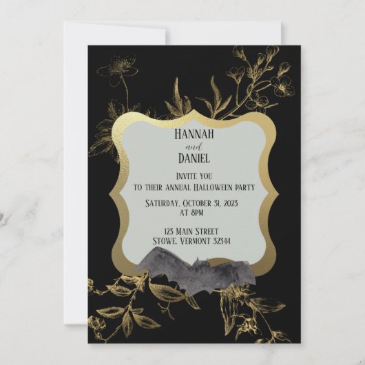 Invitation Soirée d'Halloween en noir et or (Devant)