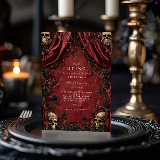 Invitation Soirée d'Halloween Gothique Rouge Rideau de Crâne
