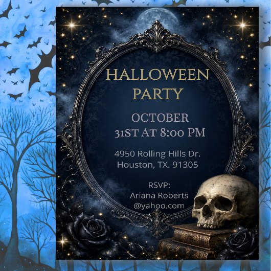Invitation Soirée d'Halloween Lune Crâne Gothique