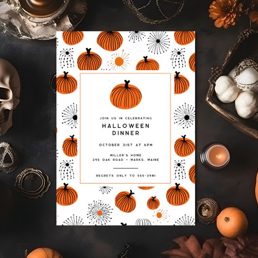 Invitation Soirée d'Halloween Orange moderne Citrouille noir