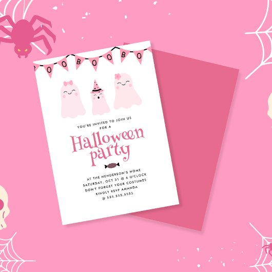 Invitation Soirée d'Halloween pour enfants roses mignons