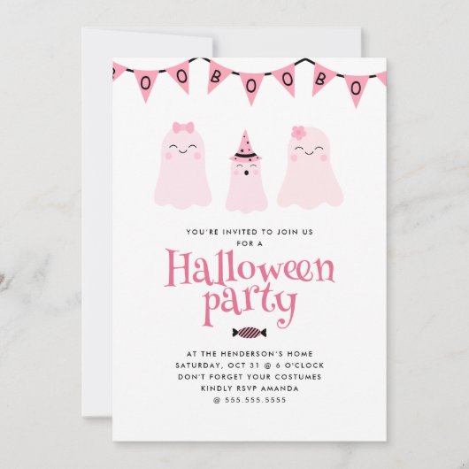 Invitation Soirée d'Halloween pour enfants roses mignons (Devant)
