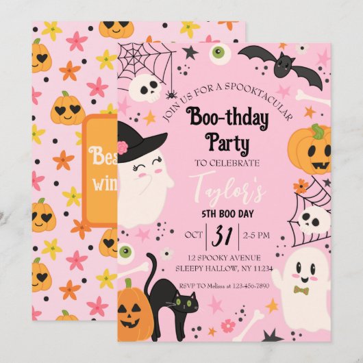 Invitation Soirée d'Halloween rose (Devant / Derrière)