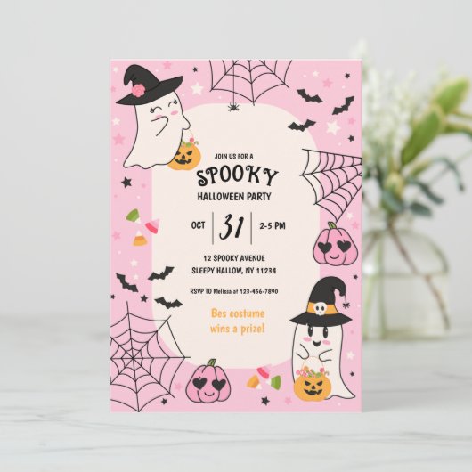 Invitation Soirée d'Halloween rose (Debout devant)