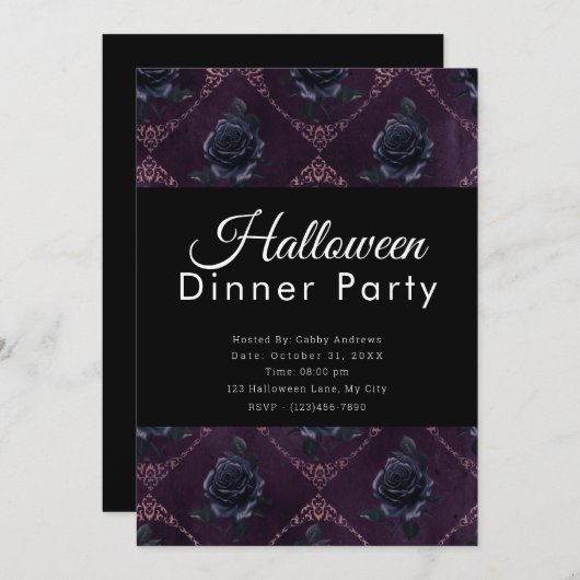 Invitation Soirée d'Halloween Rose noire violet foncé (Devant / Derrière)