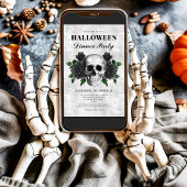 Invitation Soirée d'Halloween Roses et crâne gothique noir