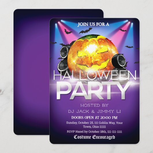 Invitation Soirée DJ Halloween Boule Disco Citrouille Épouvan (Devant / Derrière)