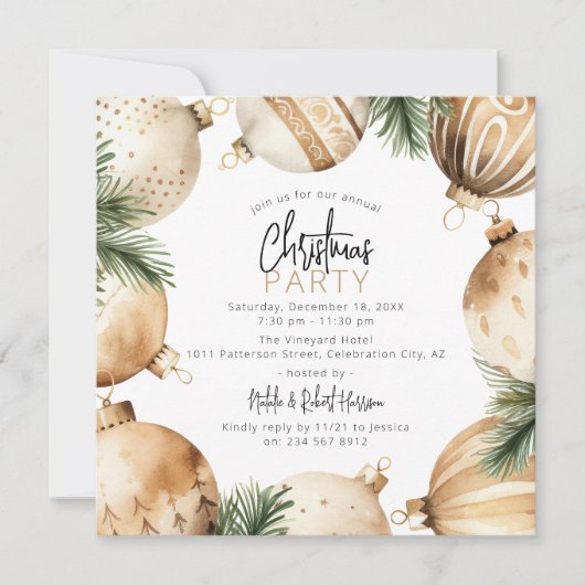 Invitation Soirée d'ornements d'Arbre de Noël Crème & Or (Devant)