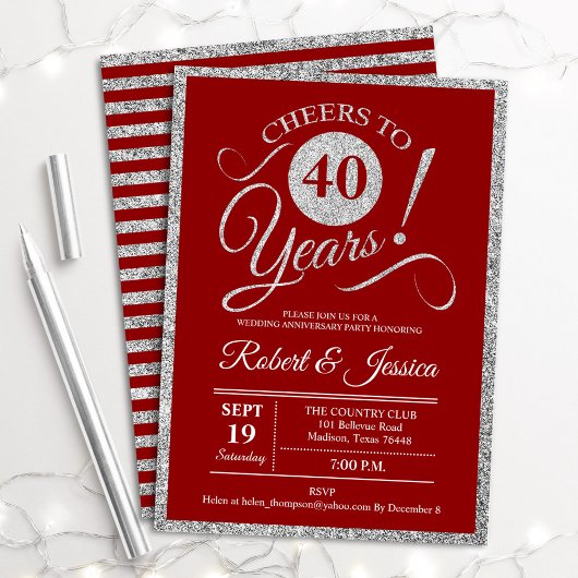Invitation Soirée du 40e Anniversaire - Argent Rouge Rubis
