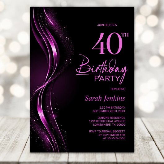 Invitation Soirée du 40e anniversaire, en noir et rose