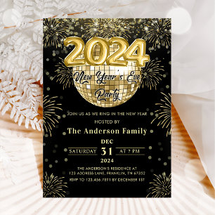 Invitation Soirée du Nouvel An 2024 Gold Parties scintillant 