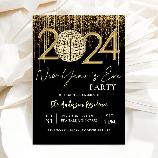 Invitation Soirée du Nouvel An 2024 Gold Parties scintillant