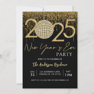 Invitation Soirée du Nouvel An 2025 Gold Parties scintillant 