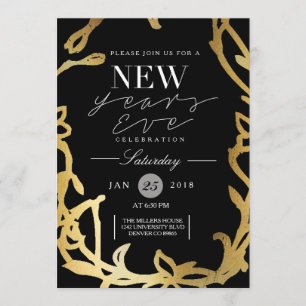 Invitation Soirée du Nouvel An Chic Floral or